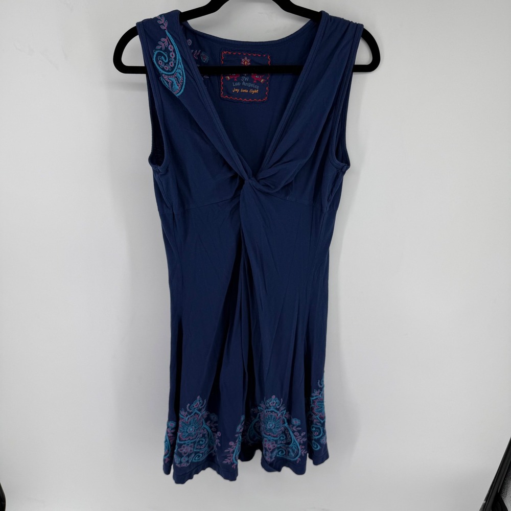 JW Los Angeles Johnny Was Dress S Blue Cotton Boho Embroidered Mini V Neck
